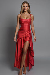 Etui Rotes Abendkleid mit Spaghettiträgern und Rüschen